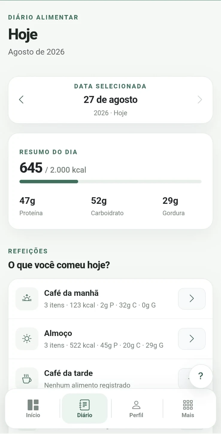 Tela do Diário Alimentar do NIVA